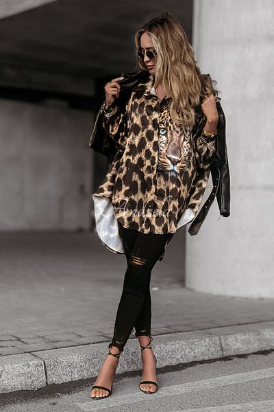 Neşeli Butik Cămașă tunică pentru femei din țesătură importată cu model leopard - NBASP7248