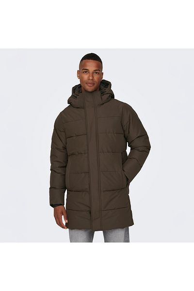Only & Sons Only&Sons Carl Life Long Quilted Coat Ανδρικό παλτό με κουκούλα σε καφέ χρώμα