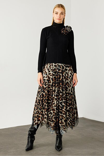 Moda İlgi Modailgi  Eteği Asimetrik Leopar Desenli Trikolu Elbise Taba