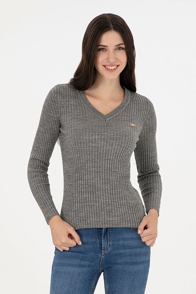 U.S. Polo Assn. Women's Gray Melange V-Neck Glitter Sweater 50297398 -Vr086