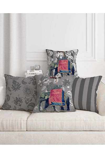 Şah Dekor Gray Color Ethnic Indian Elephant Patterned Digital Printed 4-Piece Seat Pillow and Throw Pillow Cover Set