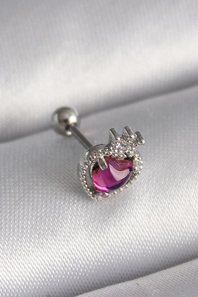 Clariss 316L Steel Silver Color Pink Enamel Heart Zircon Stone Detailed Crown Tragus Piercing