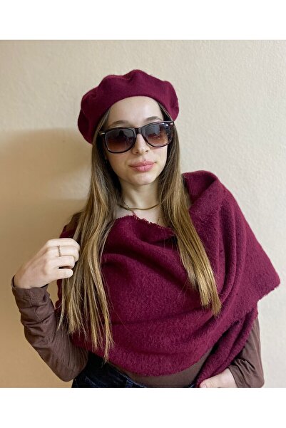 sema aksesuar Bordo Fransız Ressam Bere Ve Buklet Şal Takım - Düz Geniş Püsküllü Atkı - Omuz Şalı Hediye