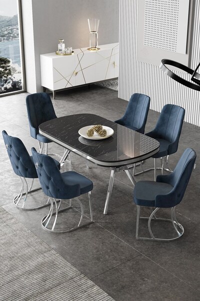 Canisa Epal Serisi 90x168 Lak Panel Siyah Mermer Desen Krom Ayaklı Masa Takım...