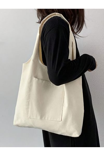 designedfy Beige Canvas Gusseted Fabric Stylish Bag with Pockets, Women's Shoulder Bag 35X35X10Cm