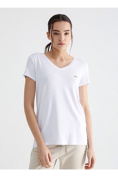 U.S. Polo Assn. Tricou de bază cu decolteu în V alb de damă