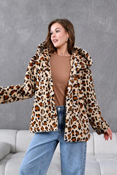 DHDmoda Leopar Desenli Kapüşonlu Astarlı Cepli Kürk Mont