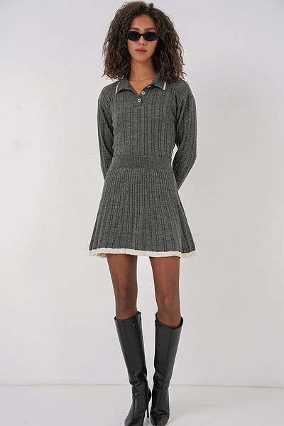 Bigdart 15907 Damen-Strickpullover- und Rock-Set mit Polokragen – Anthrazit