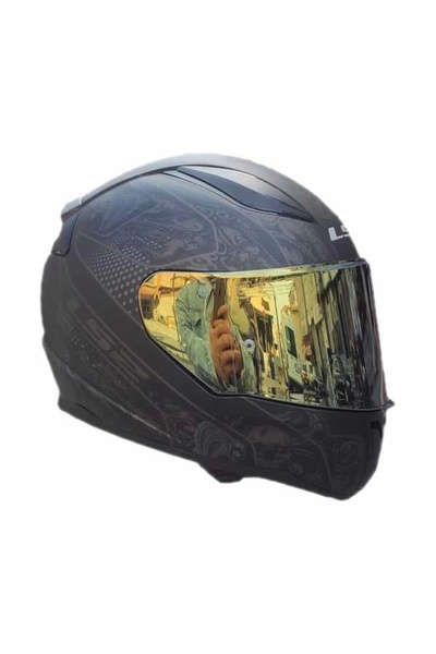 LS2 RAPID CRYPT MAT SİYAH KASK - GOLD VİZÖR
