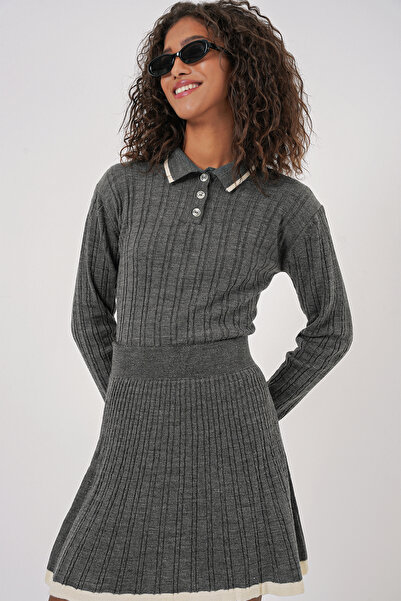 Bigdart 15907 Kadın Polo Yaka Kazak Etek Triko İkili Takım - Antrasit
