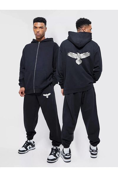 Frisson Men's Eagle Printed Hooded Zippered Sweatshirt Tracksuit Bottom-Top Set