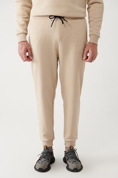 Avva Beigefarbene Herren-Jogginghose mit Schnürung an der Taille, 3-fädig, ohne Raster und elastischem Bein, A32y3464