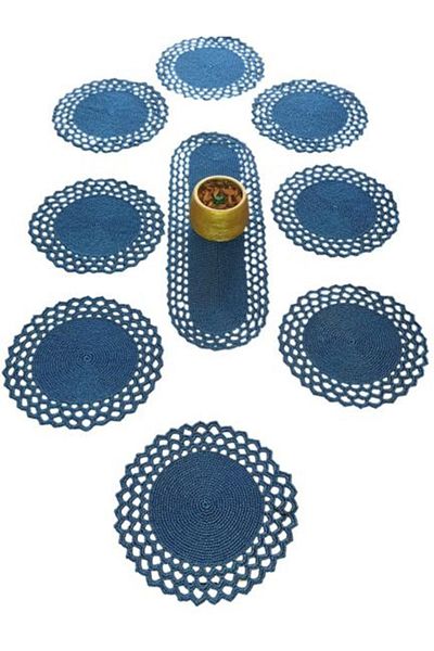 EFLİNS Supla 9-Piece Blue American Service Hand Knitted Macrame