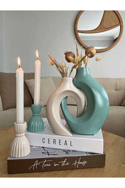 ELASİBEL HOME Sevgili Vazo, Pastel Yeşili ,sarmaşık Vazo, Dekoratif 2’li Şamd...