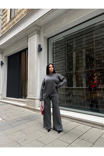 LB Laluna Butik Women's Knitwear Suit, Asymmetrical Cut Sweater and Palazzo Trousers with Slit Legs