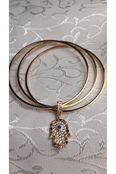 Uzel Renkli Taşlı El Charmlı 3lü Gold Çelik Ajda Bilezik