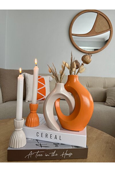 ELASİBEL HOME Sevgili vazo, sarmaşık vazo dekoratif 2li şamdan mumluklu set