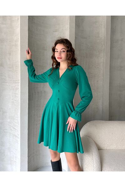 Fav Style Πράσινο μακρυμάνικο μίνι φόρεμα - V-λαιμόκοψη και λεπτομέρεια με κουμπιά