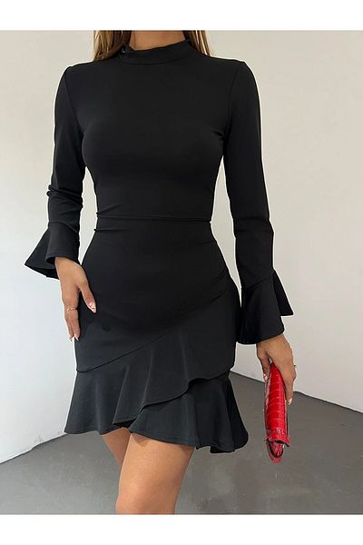 Fav Style Rochie mini cu tiv cu mânecă lungă cu guler în picioare pentru femei