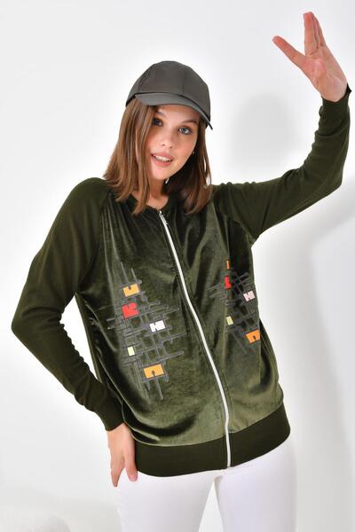 Garmi Ftz Women - Women's Khaki Cardigan with Velvet Detail and Zipper