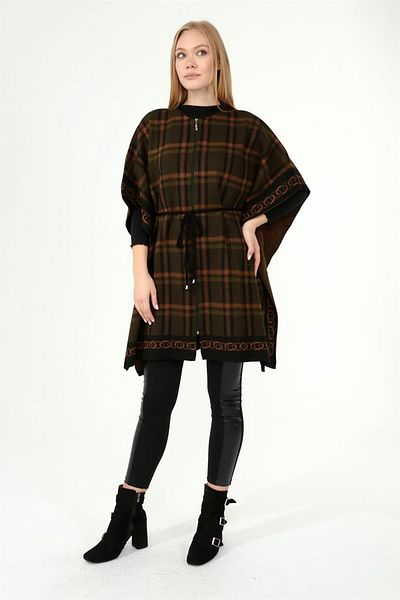 Garmi Women's Plaid Detail Poncho Black