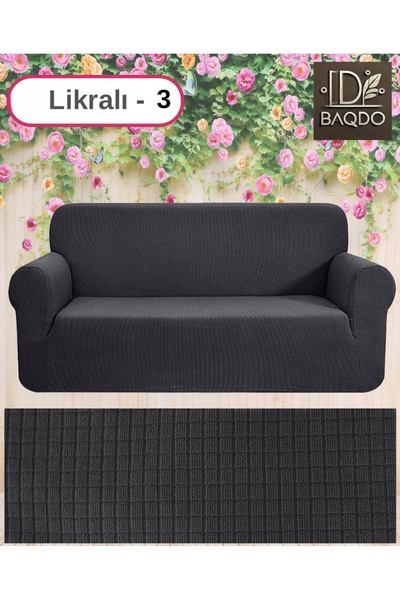 BAQDO Likrali Streç Lastikli Esnek Yikanabilir Kare Desen 3 Kişilik Koltuk Ör...