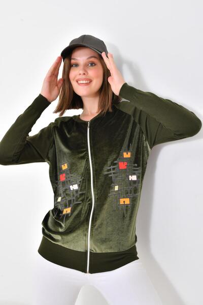 Garmi Ftz Women - Women's Khaki Cardigan with Velvet Detail and Zipper