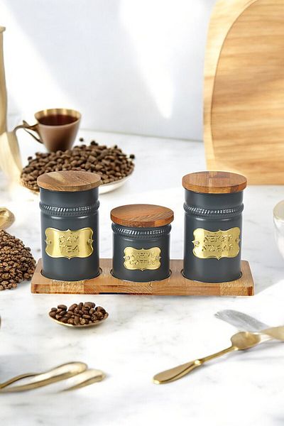Milenay Premium 3-Piece Wooden Lid Metal Tea Coffee Sugar Storage Set with Special Design Stand?
