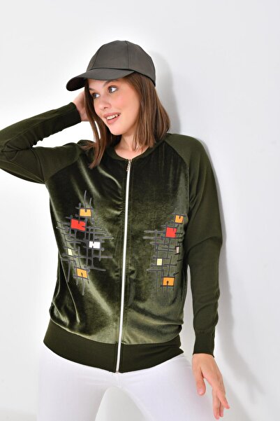 Garmi Ftz Women - Women's Khaki Cardigan with Velvet Detail and Zipper