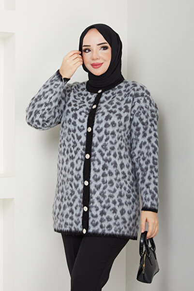Pamuk Butik Women's Leopard Bearded Knitwear Cardigan