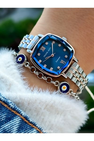 Frank Alex Rose Silver Color Steel Band, Parliament Blue Dial, Women's Wrist Watch Bracelet
