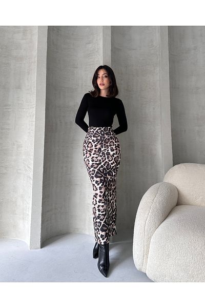 Fav Style Fusta creion lungă neagră cu fante cu talie înaltă cu imprimeu leopard