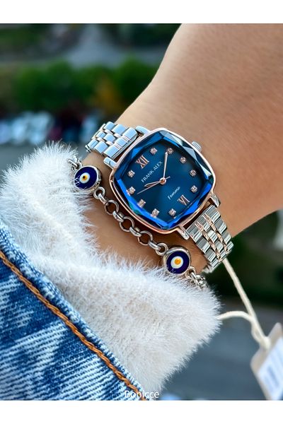 Frank Alex Rose Silver Color Steel Band, Parliament Blue Dial, Women's Wrist Watch Bracelet