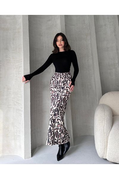Fav Style Fusta creion lungă pentru femei cu fante cu talie înaltă cu imprimeu leopard - crem