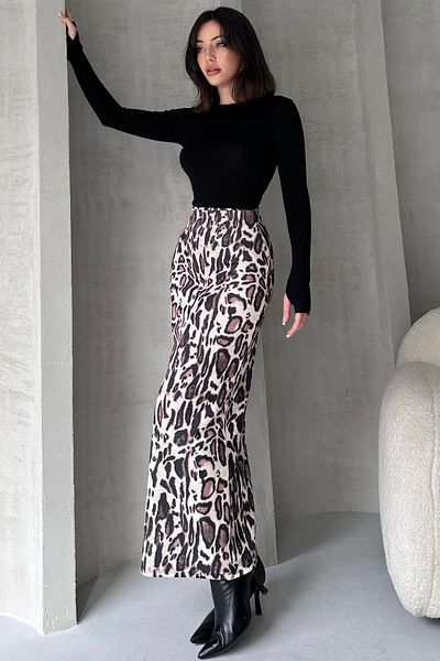 Fav Style Fusta creion lungă pentru femei cu fante cu talie înaltă cu imprimeu leopard - crem
