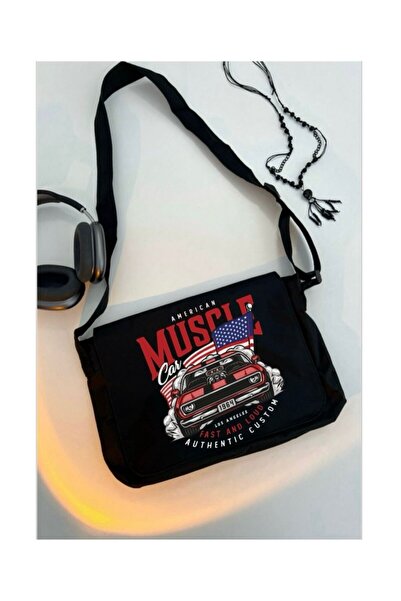 weywot Унисекс черна чанта през рамо с щампа на винтидж американски мускулест...