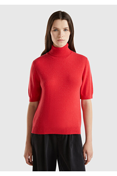 United Colors of Benetton Lână Burgundy și amestec de cașmir - Pulover de damă cu gât cu trei sferturi