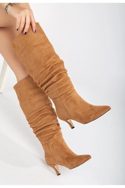 MaskButik Tan Lema Heeled Suede Boots