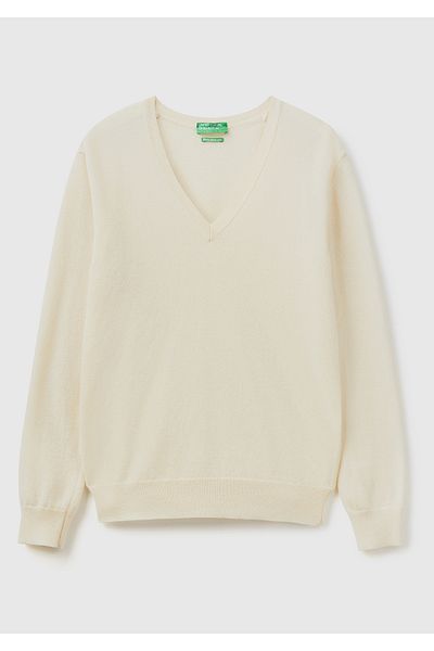 United Colors of Benetton Pulover de damă crem cu decolteu în V 100% merinos