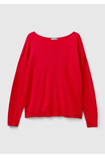 United Colors of Benetton Pulover de damă cu gât barcă din bumbac modal cu nervuri roșii