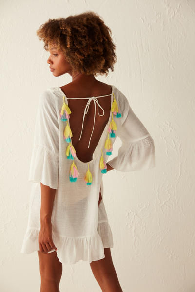 Penti White Tassel Back Colorful Tassel Detailed Kaftan