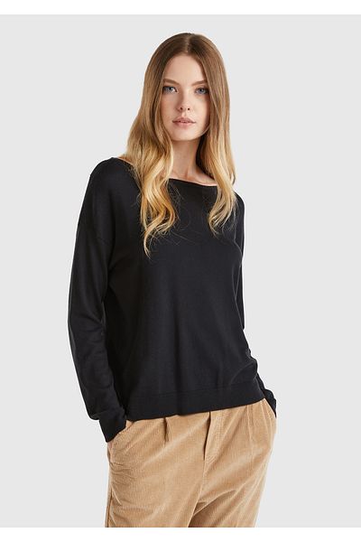 United Colors of Benetton Μαύρο βαμβακερό και μοντάλ μείγμα - Rib Boat Neck Γυναικείο πουλόβερ