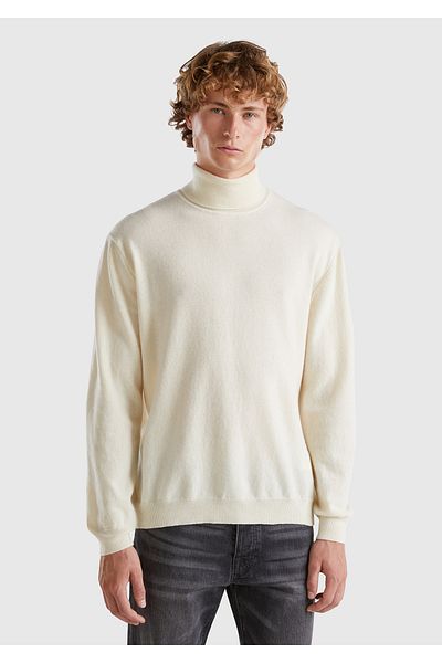 United Colors of Benetton Ανδρικό πουλόβερ με ψηλό λαιμό Merino σε κρεμ χρώμα