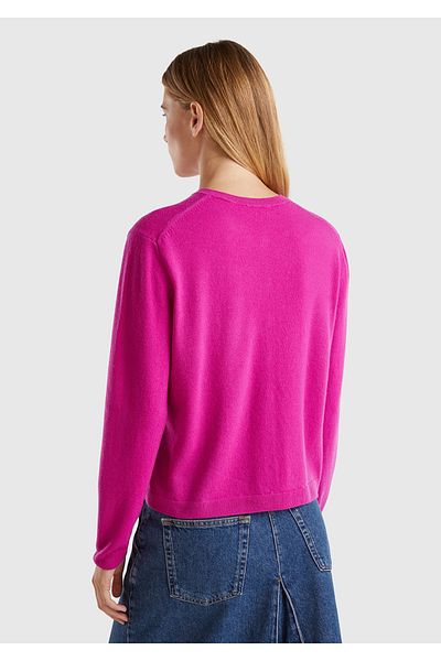 United Colors of Benetton كارديجان ميرينو نسائي باللون الفوشيا - رقبة دائرية وأزرار لؤلؤية