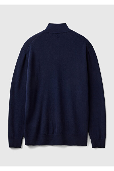 United Colors of Benetton Ανδρικό πουλόβερ Navy Blue - Stand-up Collar, 100% Merino, Μισό φερμουάρ