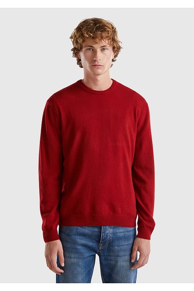 United Colors of Benetton Ανδρικό πουλόβερ Claret Red - 100% Merino, Crew Neck