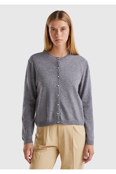 United Colors of Benetton Cardigan Merino pentru femei Antracit Melange - Gâtul turn, nasturi %Pearl