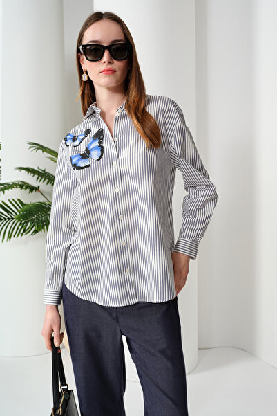 Naramaxx Kelebek Baskılı Çizgili Gömlek