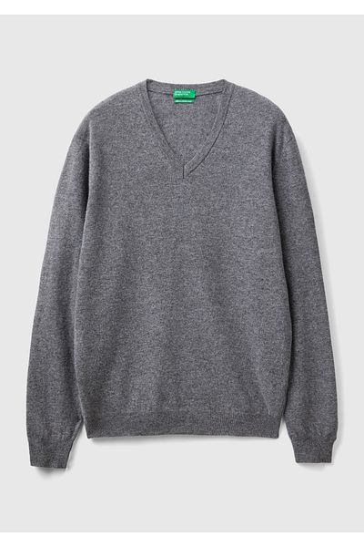 United Colors of Benetton Men's Anthracite Melange V-Neck 100% Merino Sweater