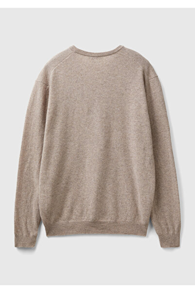United Colors of Benetton Ανδρικό πουλόβερ με λαιμόκοψη σε μπεζ μελανζ 100% Merino